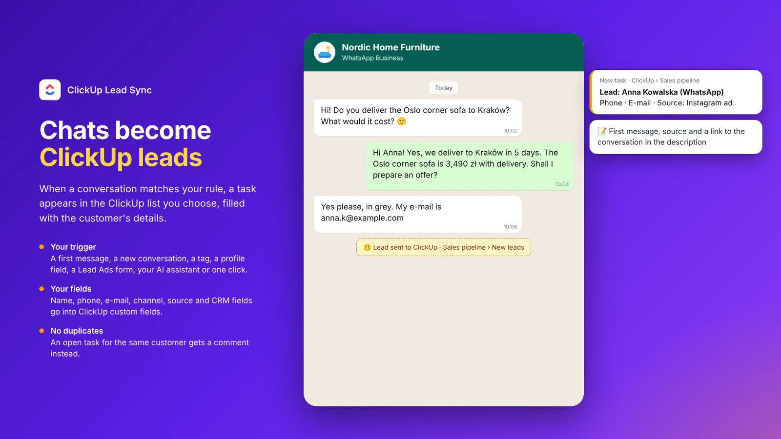 A WhatsApp conversation that became a lead task in a ClickUp list, with the customer’s phone, e-mail and source
