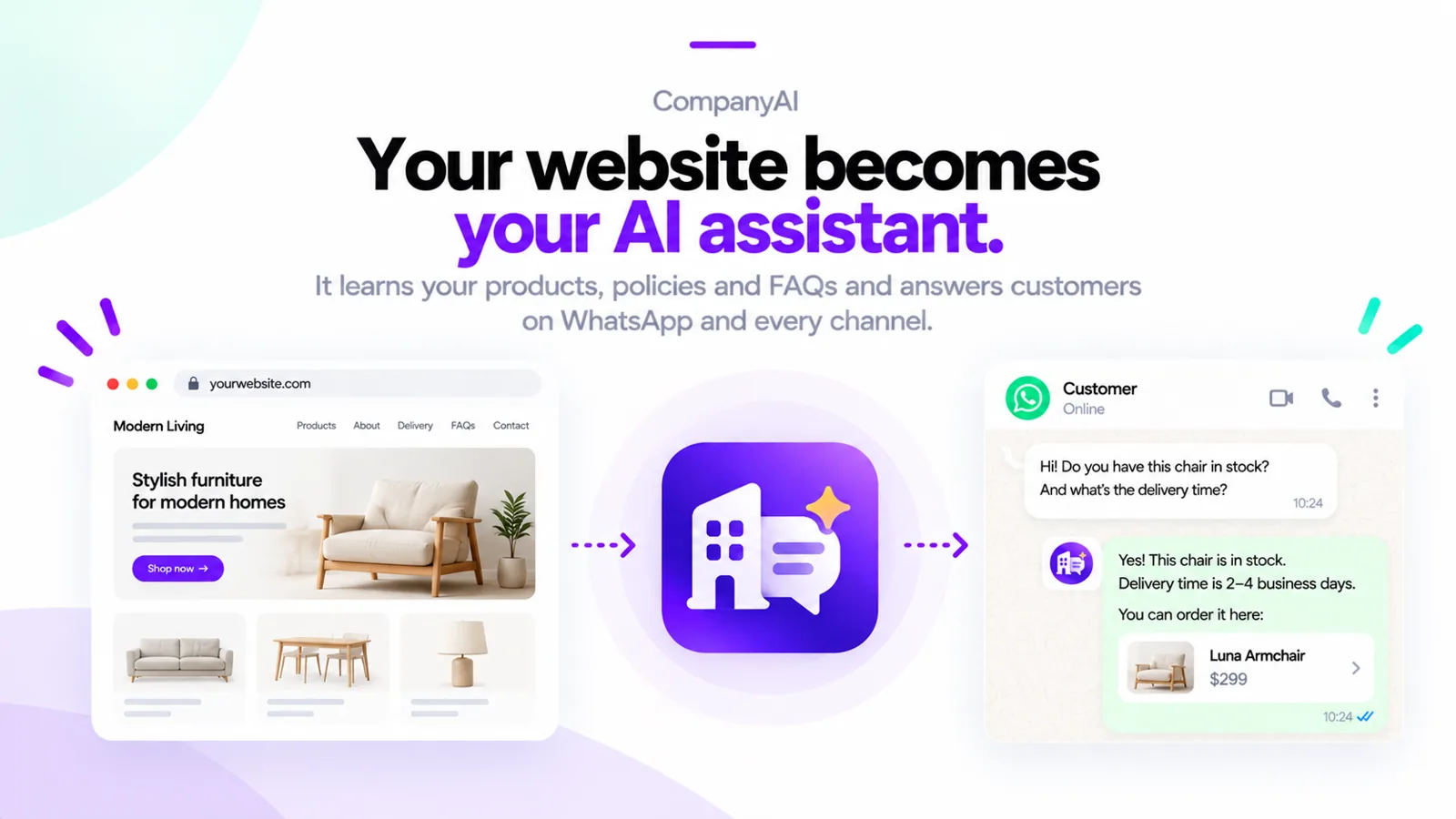 CompanyAI turns a furniture website into an AI assistant that answers a stock and delivery question on WhatsApp