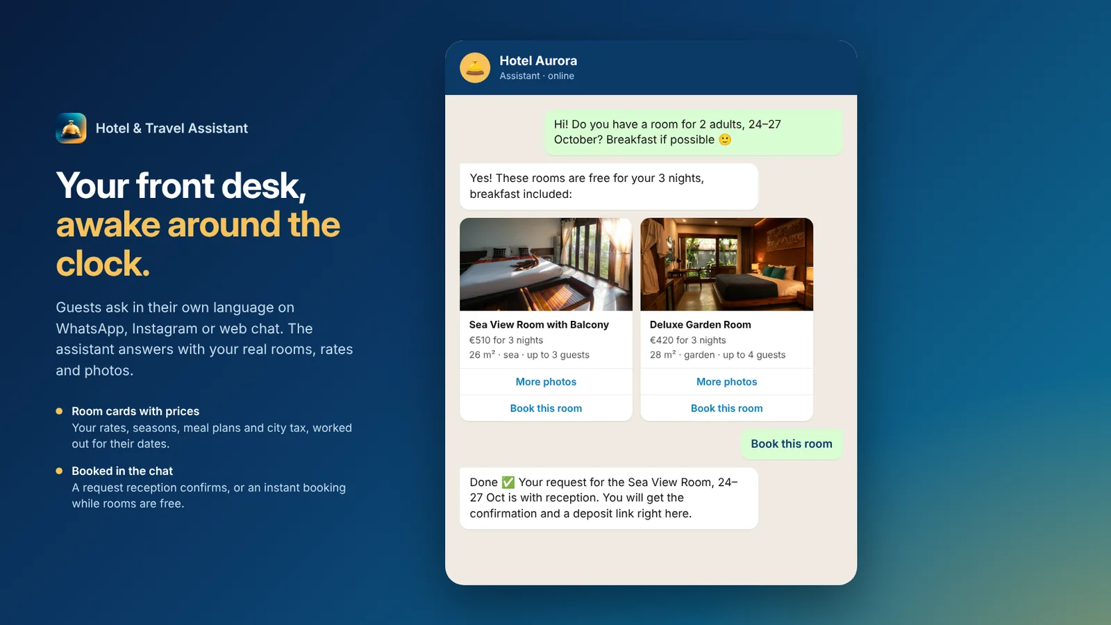 Hotel & Travel Assistant sendet freie Zimmer als Karten mit Preisen für die Reisedaten des Gastes