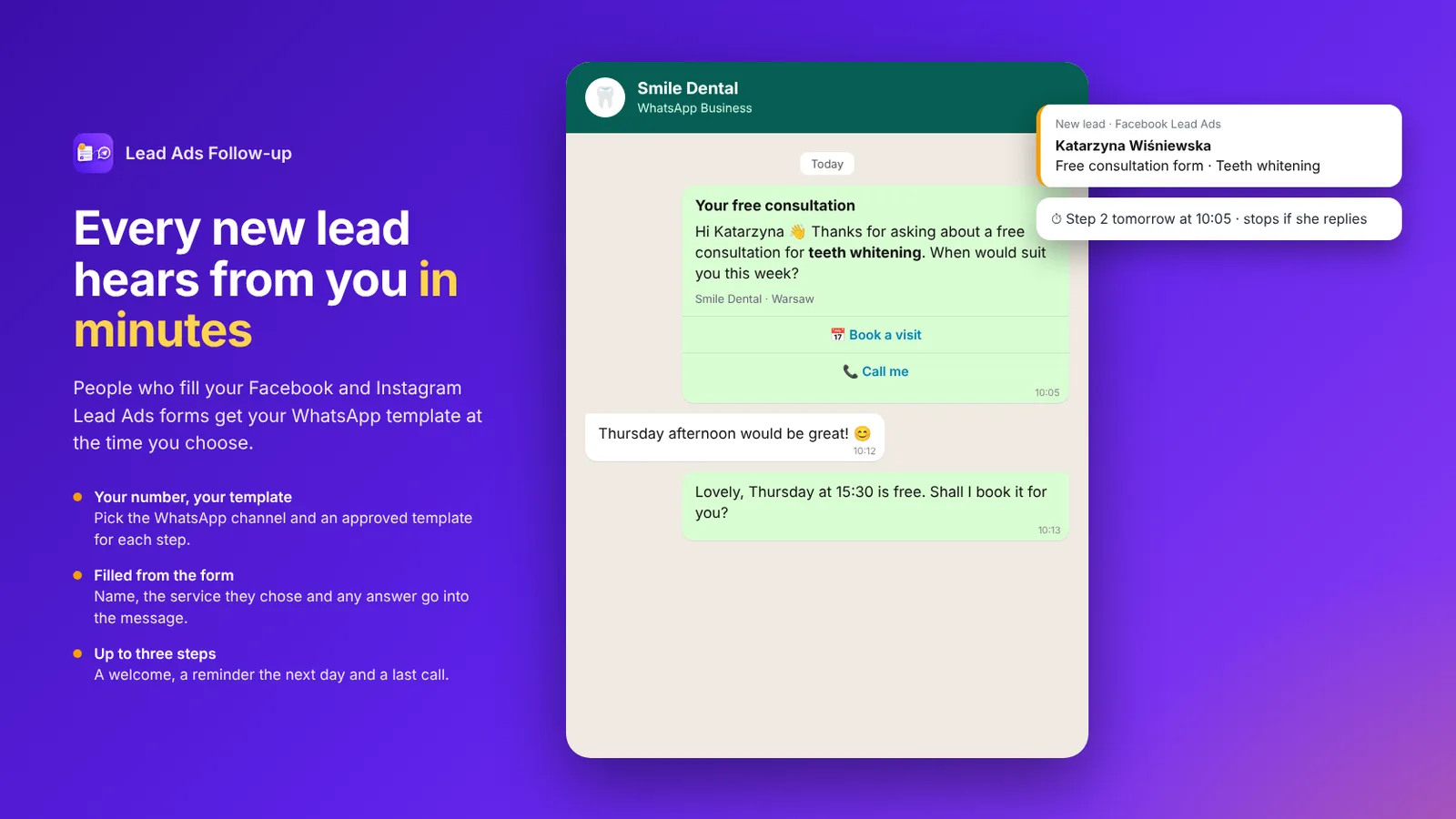 A WhatsApp follow-up sent minutes after a Facebook Lead Ads form, with the next step scheduled