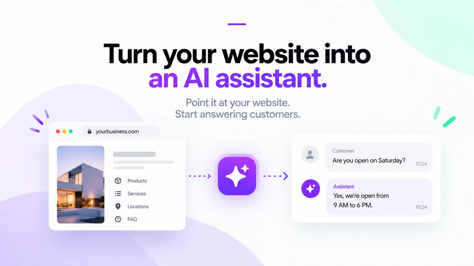 MonoChat Start turns your website into an AI assistant: a website on the left, the assistant answering a customer on the right