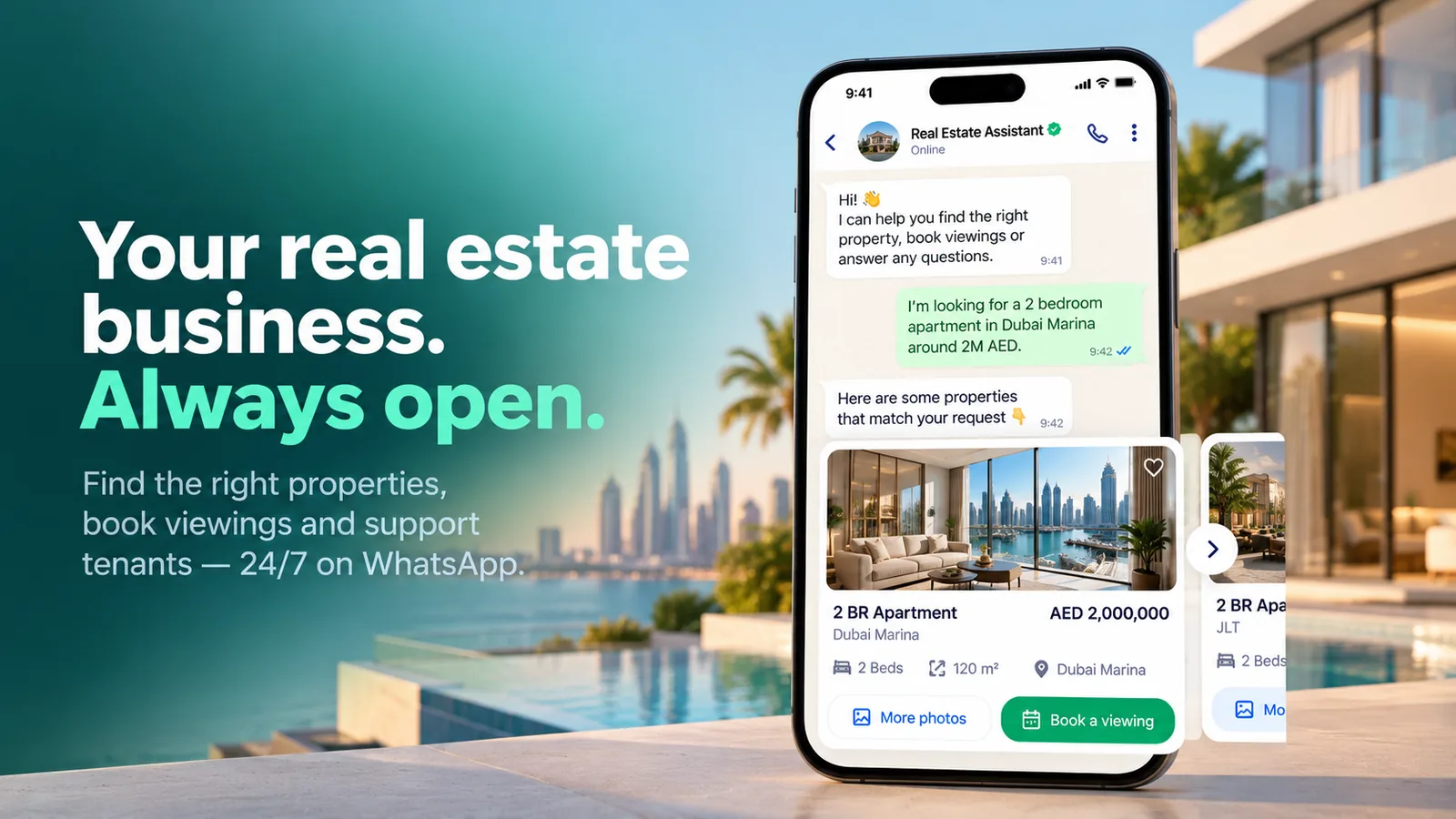 Real Estate Assistant يرسل شققاً مناسبة كبطاقات عقارات على واتساب