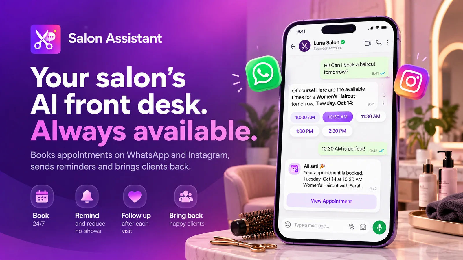 Salon Assistant, WhatsApp'ta kadın saç kesimi randevusunu müsait saatleri buton olarak sunarak alıyor