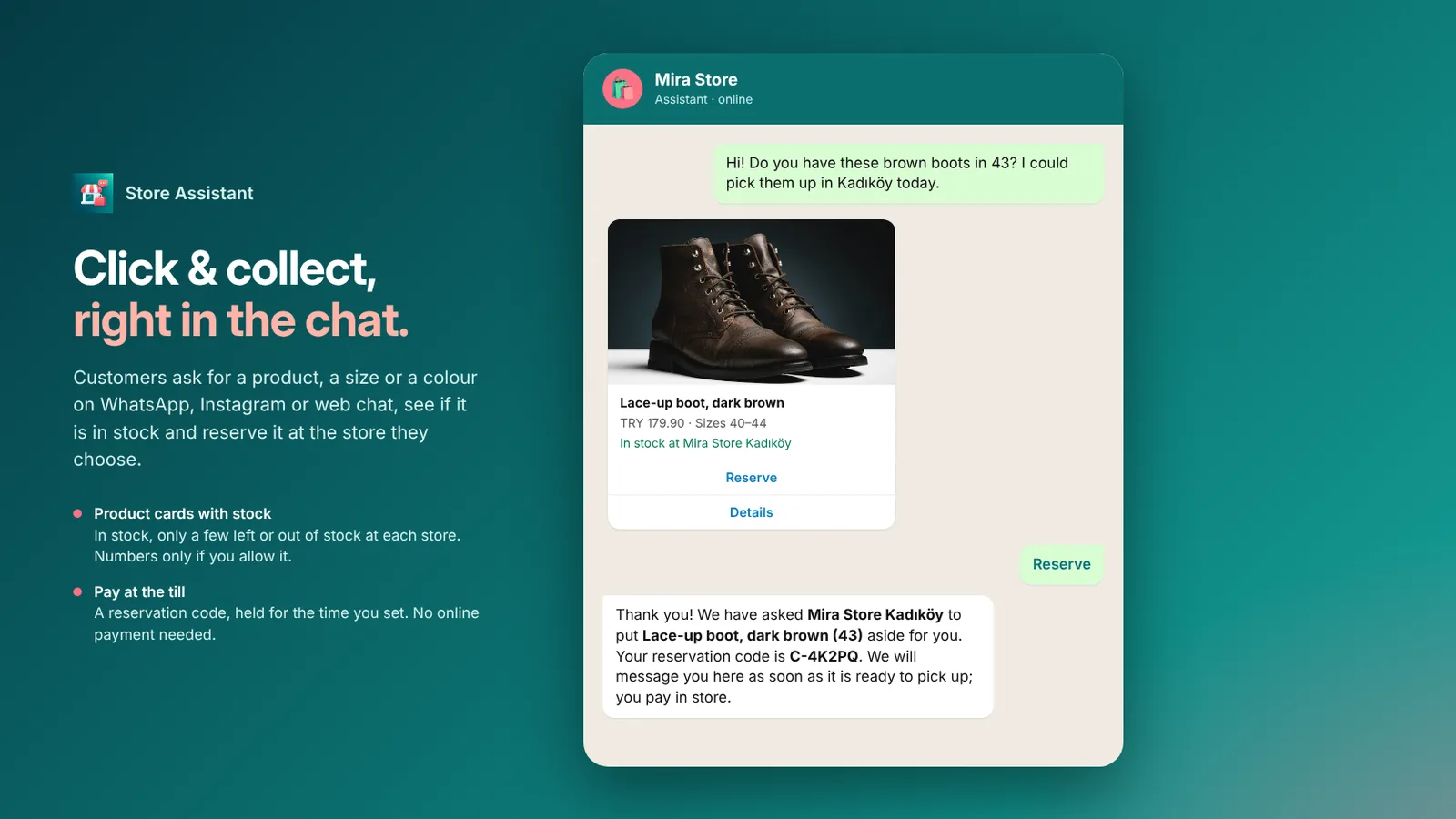Store Assistant reserving a pair of boots for click & collect in WhatsApp with a reservation code