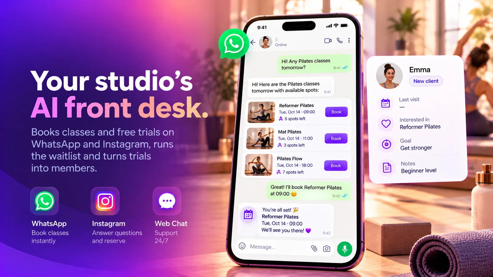 Studio Assistant يحجز حصة Reformer Pilates عبر WhatsApp مع عرض الأماكن المتبقية