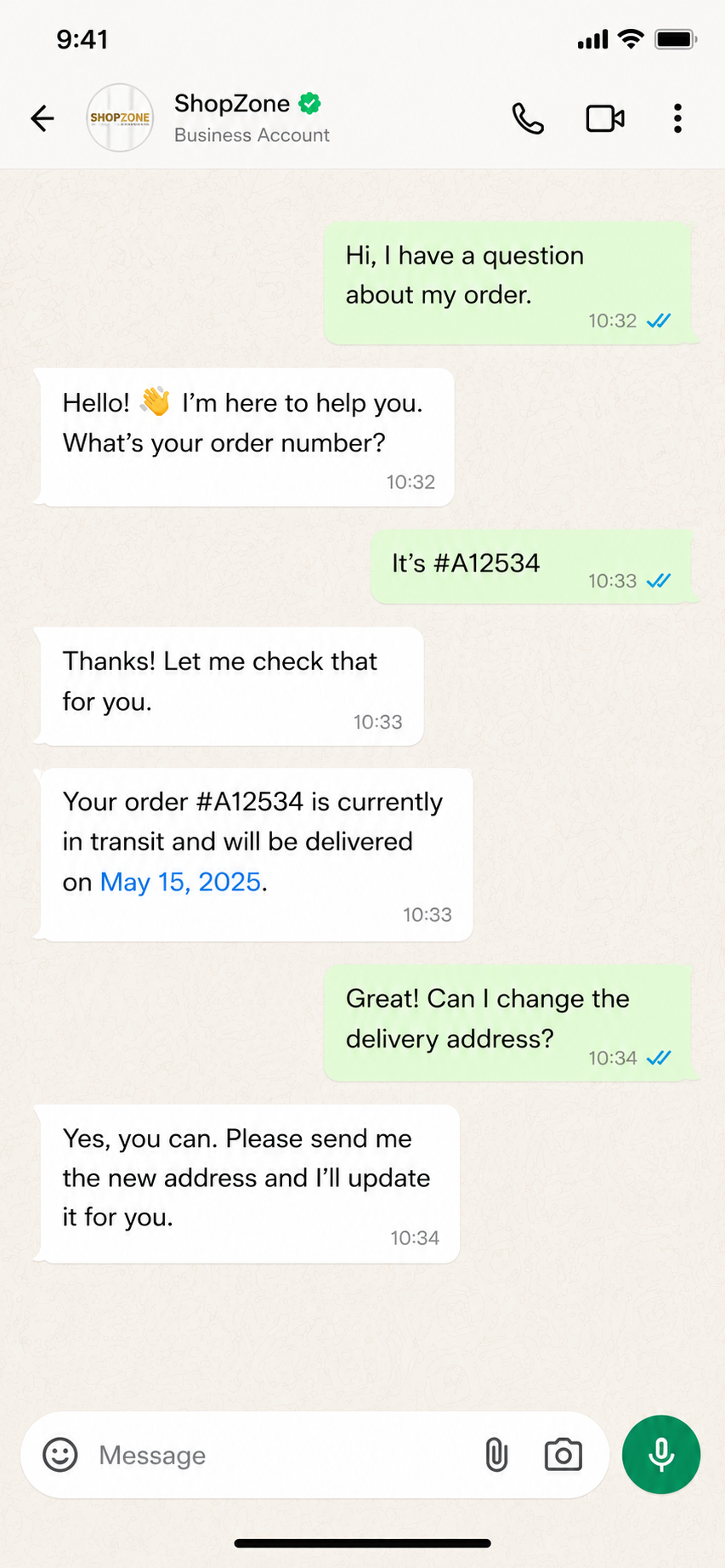 AI-powered WhatsApp order support conversation