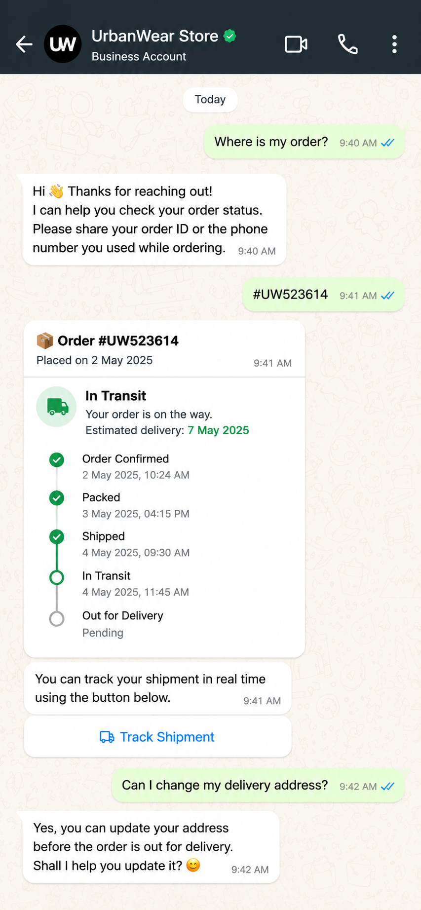 AI-powered WhatsApp order tracking and delivery support conversation