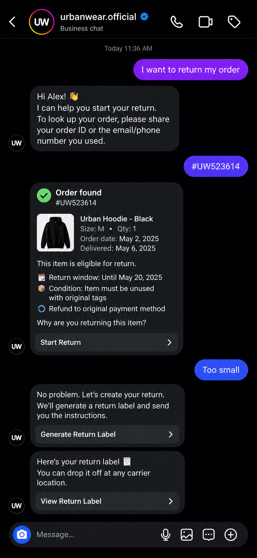 AI-powered return and exchange workflow inside WhatsApp