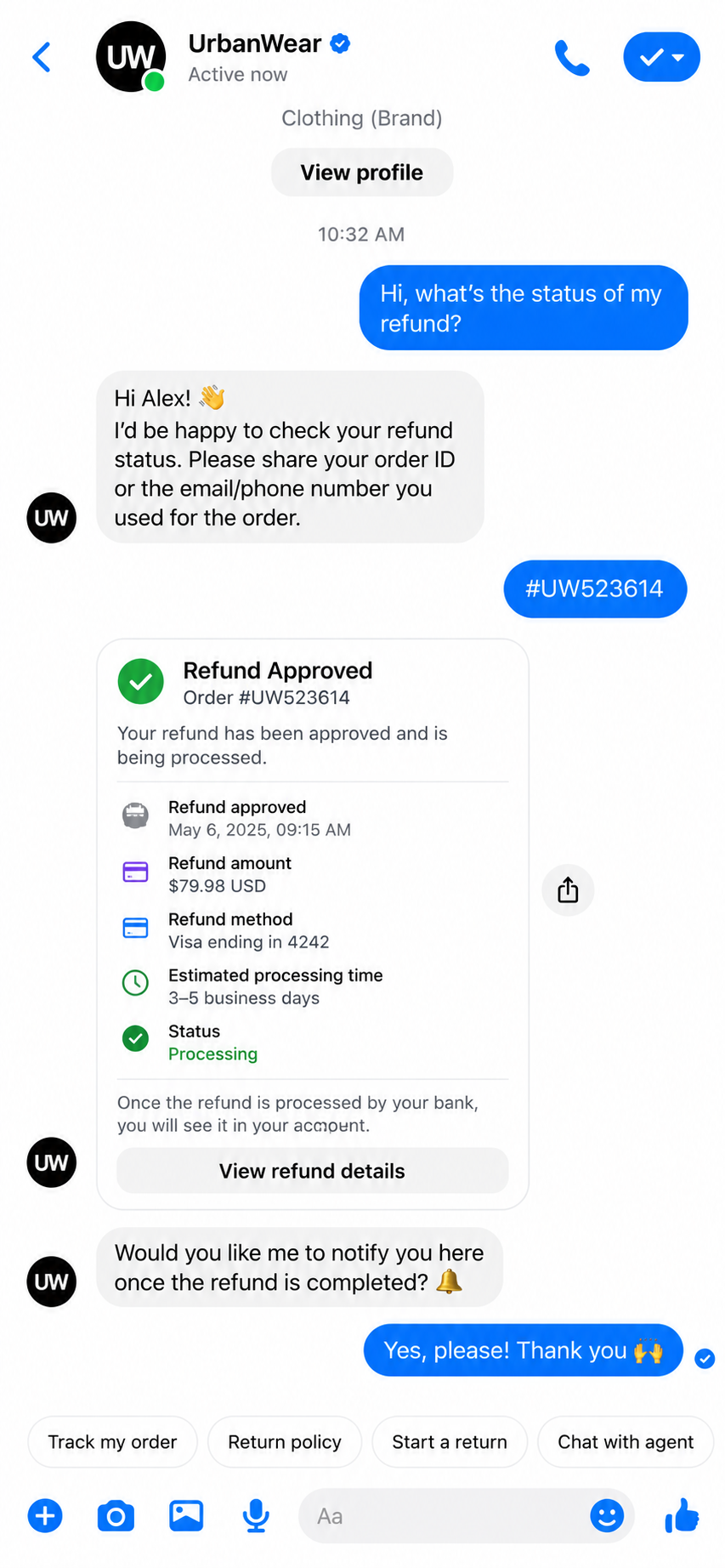 AI-powered refund status and payment confirmation conversation