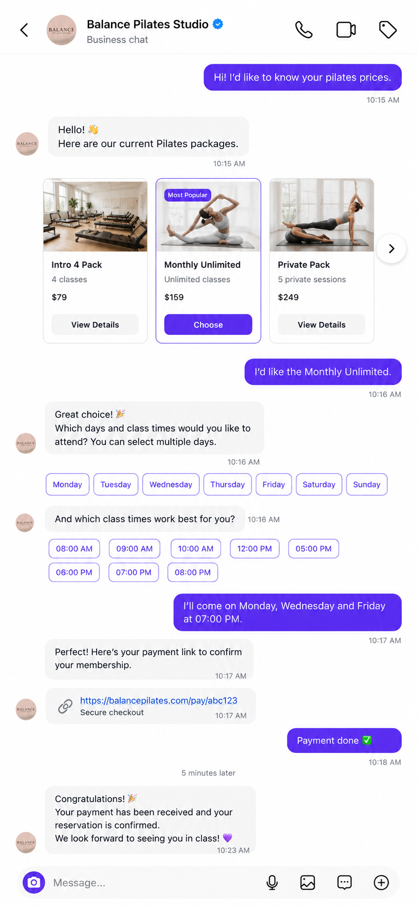 AI-powered Instagram Pilates booking and payment automation