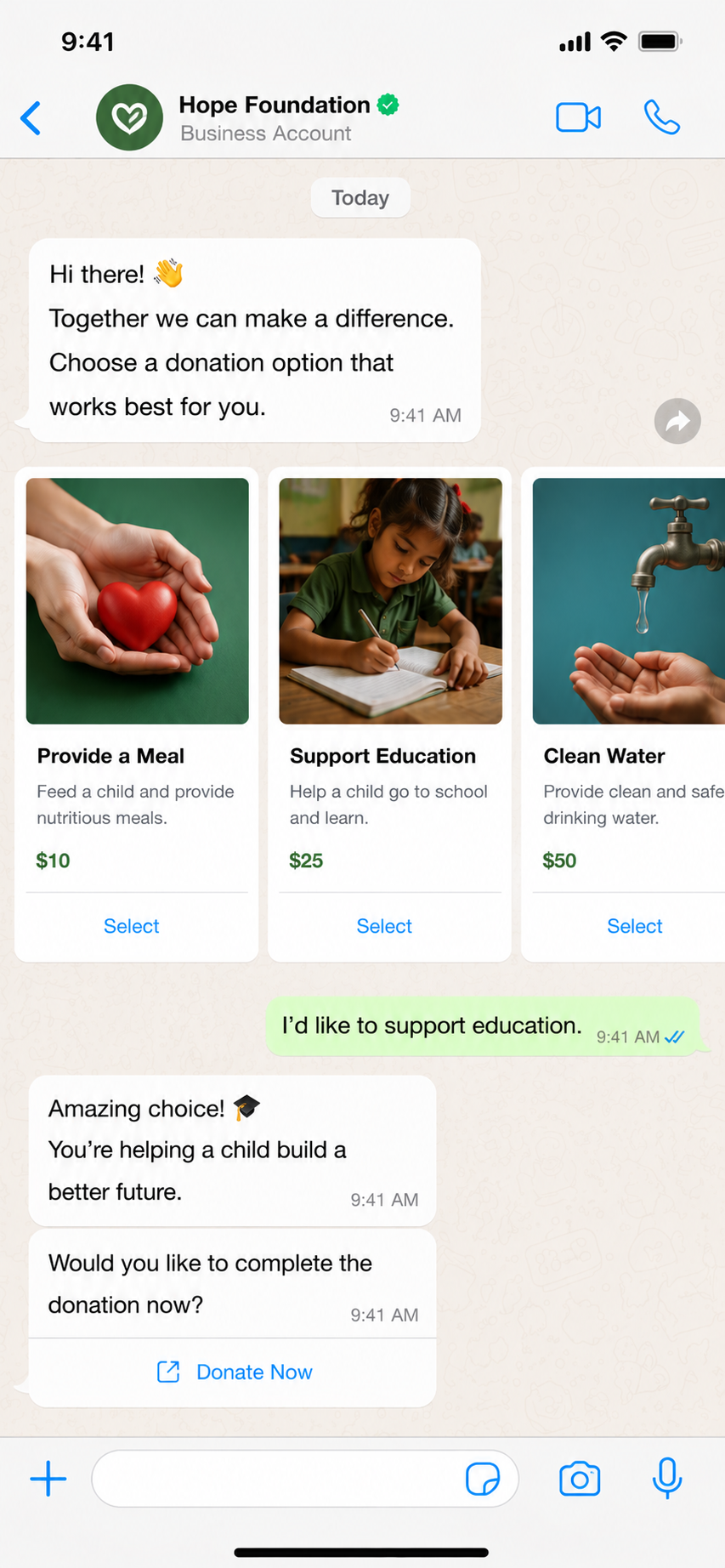 WhatsApp carousel for donation and package selection