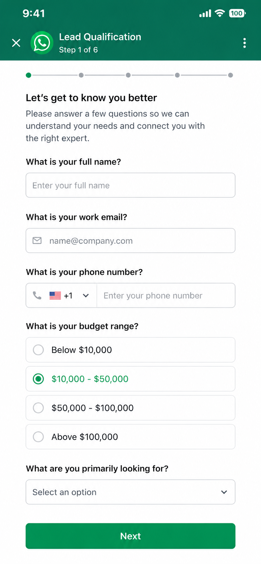WhatsApp lead qualification and customer onboarding flow