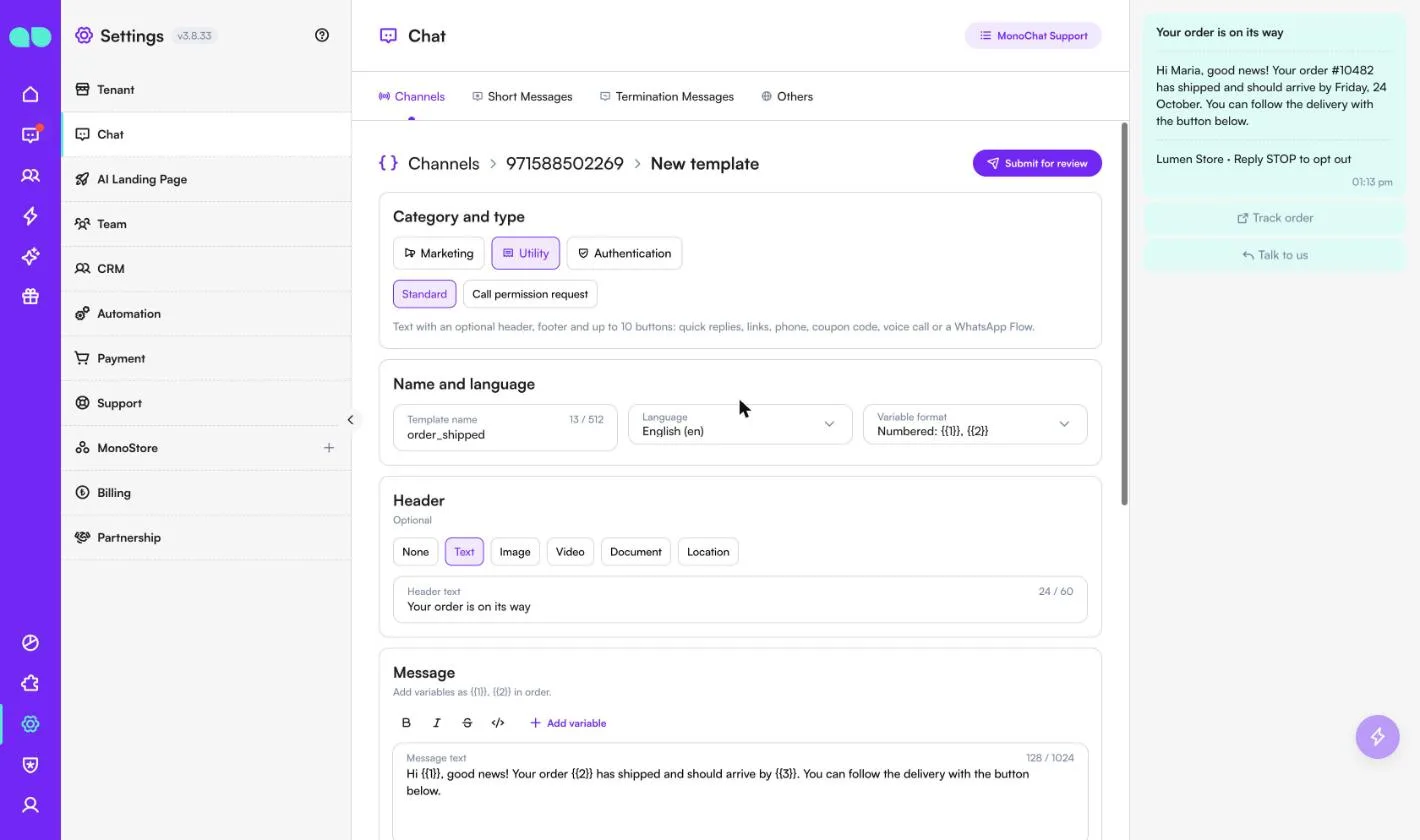 Vorlagen-Editor von MonoChat mit einer Vorlage der Kategorie Dienstleistung, ihren Variablen und der WhatsApp-Live-Vorschau